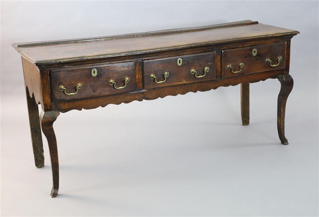 An early 18th century oak dresser base, W.5ft 7in. D.1ft 9in. H.2ft 7in.